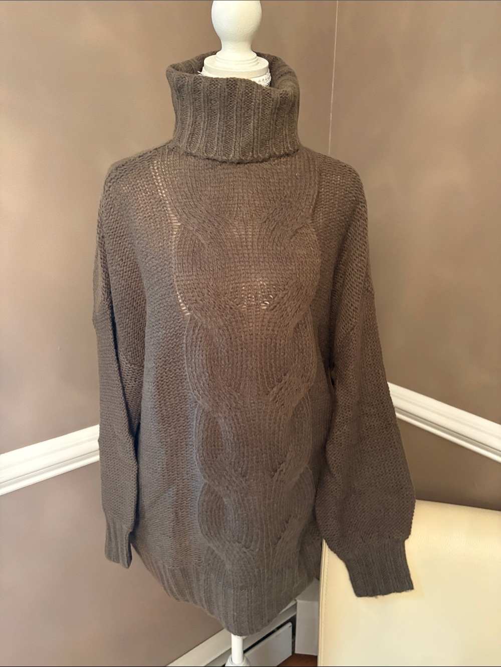 Turtleneck Cable Knit Sweater Dress - Army Green